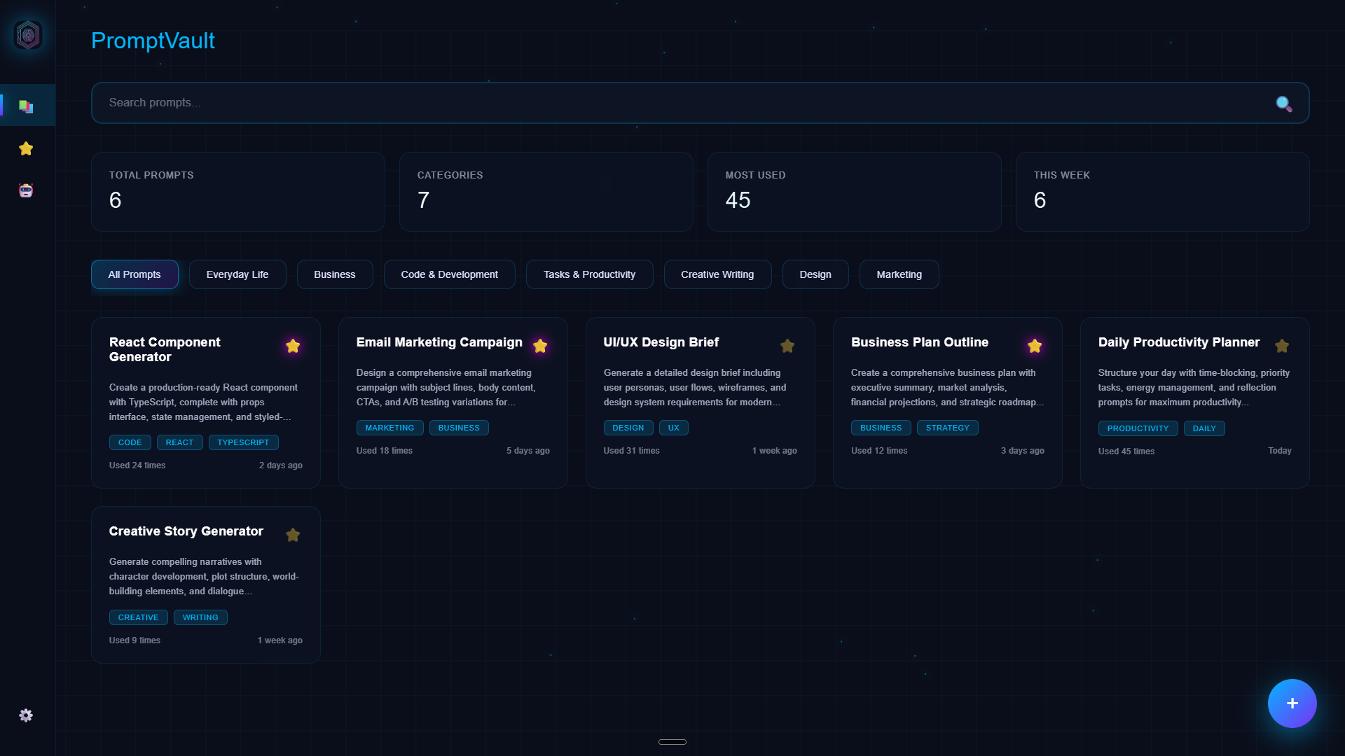 PromptVault — Library grid with KPI bar and category filters